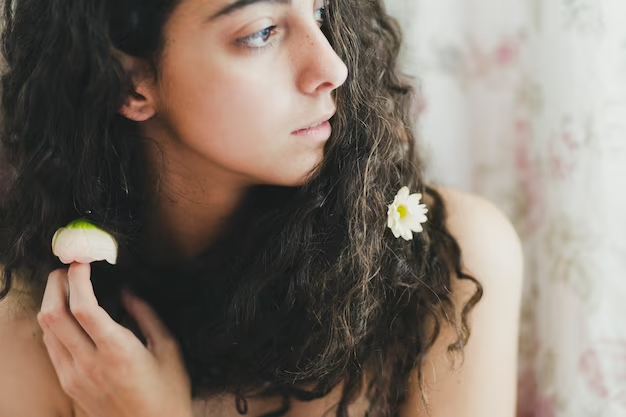 woman with flowers hair looking away 23 2147781222